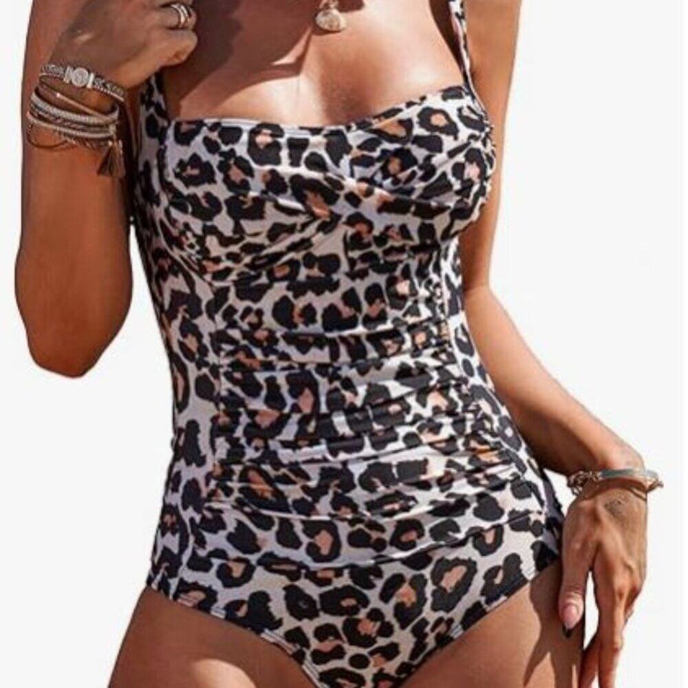 Ekouaer Brand Women's NWOT Size XL Ruched Tummy Control Leopard Print Swimsuit
